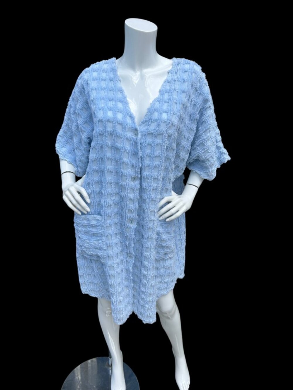 Vintage Chenille Housecoat Robe Swimsuit Coverup Baby Blue Check Rare